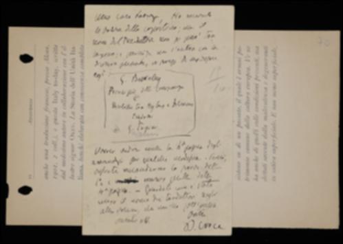 Nella cartolina, Benedetto Croce prega Giovanni Laterza di spedirgli la bozza della prima di copertina del volume di George Berkeley con le modifiche indicate e quella della quarta di copertina per rivedere alcuni annunci pubblicitari.