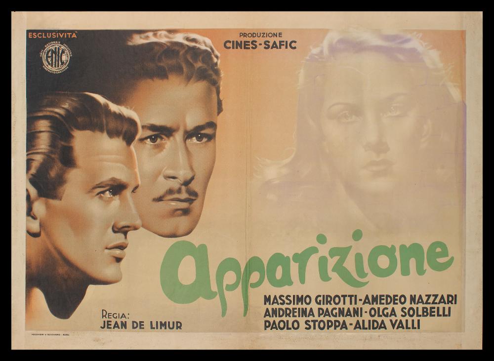 L'immagine riproduce uno dei manifesti conservati presso la Mediateca Regionale Pugliese (vedi Note). Si tratta di uno dei soggetti realizzati per la fotobusta del film "Apparizione", film italiano del 1944. La composizione spicca per l'eleganza stilistica, per i toni caldi dei colori scelti, per i ritratti fedeli dei tre attori protagonisti, che rivelano una storia incentrata tutta su di loro, a lieto fine. Nazzari, che nel film interpreta se stesso, insieme a Girotti domina la scena, apparendo come due divi del cinema italiano; la donna, Alida Valli, si intravede appena, è una visione delicata che in realtà scatenerà la vicenda di tutto il film....