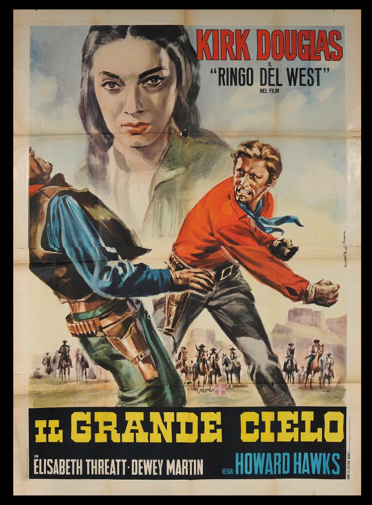 L'immagine riproduce uno dei manifesti conservati presso la Mediateca Regionale Pugliese (vedi Note). Si tratta di una delle versioni grafiche del manifesto del film western "Il grande cielo". L’illustratore e artista Mario Piovano realizza dagli anni ’50 con lo Studio Paradiso una serie di manifesti; la composizione dalla pittura vivace riproduce in maniera pittorica una delle scene evocative del film, che esalta l'ambientazione western e il protagonista Kirk Douglas, che sferra un colpo deciso al suo avversario. Sul fondo, l'immagine di Elizabeth Threatt, l'attrice americana con i tratti da indiana, nei panni di Occhio d'anatra, arricchisce e completa lo spazio....