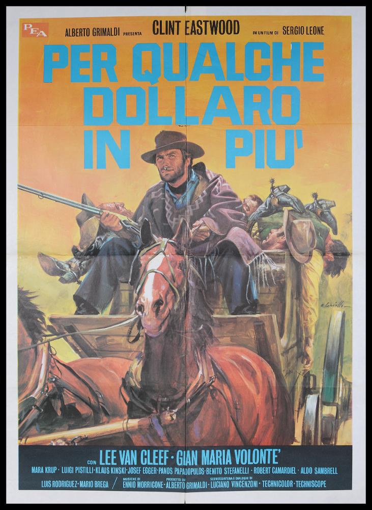 L'immagine riproduce uno dei manifesti conservati presso la Mediateca Regionale Pugliese (vedi Note). Ciriello firma il dipinto per il manifesto di "Per qualche dollaro in più", uno dei film western più noti diretto da Sergio Leone. Pittore dal linguaggio elaborato e dallo stile pittorico colto e maturo, sia nel ritratto che nelle scene narrative, Ciriello seppe caratterizzare le sue opere con l'uso di sfumature volumetriche, tocchi di colore morbidi "emotivi", che denotano una comunicazione visiva chiara e coinvolgente. Si ricorda come tra i più importanti disegnatori per manifesti del cinema italiano. Iniziò a lavorare come pubblicitario presso l’agenzia 'Non plus ultra' a Milano e poi presso la 'Ima', la più grande agenzia di pubblicità in Italia. Il suo talento come...