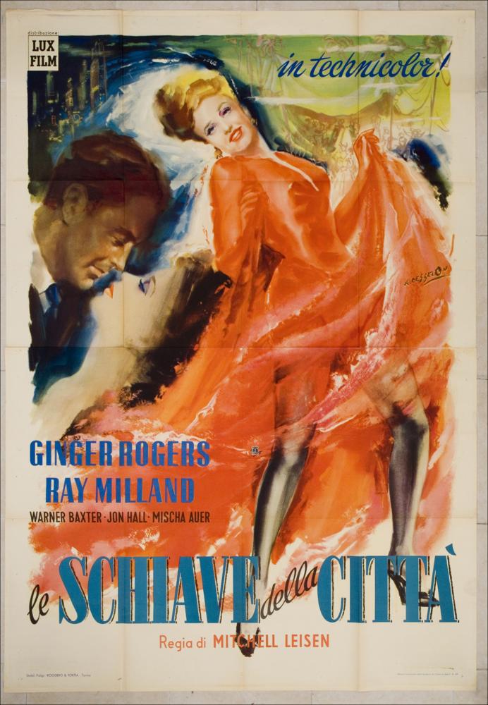 L'immagine riproduce uno dei manifesti conservati presso la Mediateca Regionale Pugliese, esaminati in "Cinema al muro: Angelo Cesselon" (vedi Note). Manifesto caratterizzato da evidente plasticità nel quale, ancora una volta, è il colore rosso a fare da sfondo predominante e, al tempo stesso, a costituire la tonalità dell'abito lungo e importante della protagonista. Il colore azzurro usato per il titolo del film sembra quasi esaltato e a suo tempo esaltare la dinamicità di Ginger Rogers, in un evidente gioco di ammiccanti allusioni. La figura principale è a tutto campo e troneggia, quasi a ricevere slanci dall'abito che fascia la parte superiore del corpo e poi via via diventa sempre più sfumato ed evanescente, in un gioco di movimenti. Sulla sinistra, appaiono i volti...