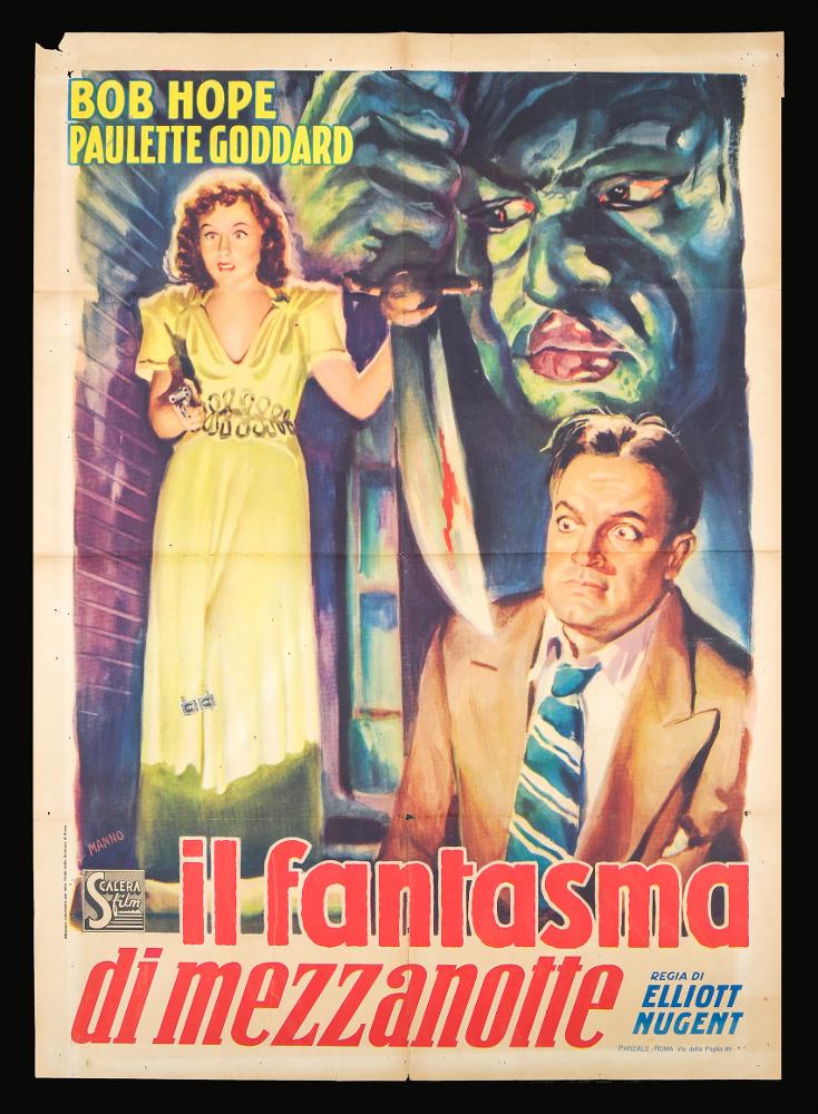 L'immagine riproduce uno dei manifesti conservati presso la Mediateca Regionale Pugliese (vedi Note). Si tratta del manifesto del film "Il fantasma di mezzanotte", la cui composizione pittorica è a firma di Manno (Dante Manno). Formatosi all'Accademia di Belle Arti, dove fu allievo di Duilio Cambellotti, è stato un grande pittore di cinema. Questo influenzerà la sua carriera, dedicandosi totalmente a quest'arte, sua grande passione fino alla crisi degli anni '70. L'uso degli acquerelli e della tempera, di colori compatti e pastosi rendono le sue figure ben definite e morbide, unendo un certo stile classico e accademico ad una grafica moderna. Manno, come molti altri pittori dell'epoca dediti alla pittura per manifesti, si fece interprete del filone Neorealista dei film ...