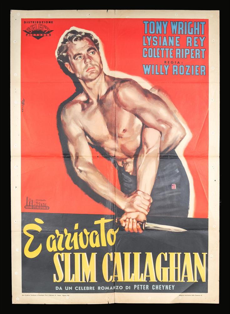“È arrivato Slim Callaghan” (titolo originale “À toi de jouer... Callaghan!!!”) è un film francese drammatico del 1955 diretto da Willy Rozier, su sceneggiatura scritta da Peter Cheyney e lo stesso Willy Rozier.
Tra gli interpreti principali ricordiamo Tony Wright, Lysiane Rey, Colette Ripert, Paul Cambo.
Il manifesto cinematografico è firmato dal celebre pittore di cinema Averardo Ciriello, milanese classe 1918. Il suo stile pittorico è colto, maturo e raffinato, il suo linguaggio figurativo utilizza il colore in tutte le sue gamme, conferendo all’immagine una dinamicità narrativa straordinaria. In quest’immagine si coglie anche perfettamente la cura ritrattistica con cui dipinge il protagonista della scena che, in tutta la sua prestanza fisica, si impone stagliandosi ...