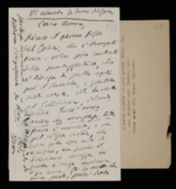 Ricevuto il primo foglio tirato del volume di Carlo Gozzi, nella cartolina Benedetto Croce si complimenta con Giovanni Laterza per la buona qualità della stampa ma si rammarica per il testo, con una punteggiatura difforme da quello di Matteo Bandello, talora addirittura errata; aggiunge di aver scritto in merito ad Achille Pellizzari, responsabile di non aver coordinato il lavoro di correzione. Il filosofo poi sollecita l'impaginato del suo volume sui lirici marinisti e comunica all'editore la spedizione di altre bozze del volume del Gozzi.