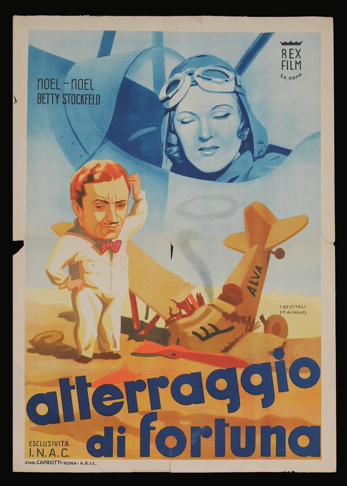 L'immagine riproduce uno dei manifesti conservati presso la Mediateca Regionale Pugliese (vedi Note). Si tratta di una fotobusta verticale del film in bianco e nero "Atterraggio di fortuna" del 1939 per la regia di Pierre-Jean Ducis. Questa composizione è stata creata a quattro mani dagli illustratori Dante Manno e Delfo Previtali. Di scuola romana, Delfo Previtali studiò arte presso l'Accademia San Luca di Roma e il R. Museo Artistico, nel 1934 entrò in pubblicità fino a diventare Direttore Artistico presso lo studio di grafica pubblicitaria di Alberto Calabresi, realizzando importanti campagne pubblicitarie. Dal 1948 sino agli inizi degli anni Sessanta fu insegnate di Grafica Pubblicitaria presso l'Istituto professionale Padre Reginaldo Giuliani. Manno si formò all'Ac...