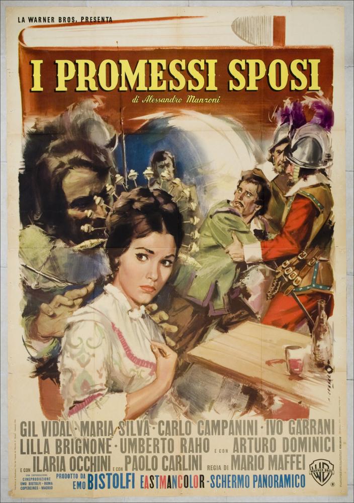 L'immagine riproduce uno dei manifesti conservati presso la Mediateca Regionale Pugliese, esaminati in "Cinema al muro: Angelo Cesselon" (vedi Note). Il grande artista veneto Cesselon rende omaggio allo scrittore Alessandro Manzoni dal cui romanzo è tratto questo film; infatti, l'idea, insolita, del pittore è quella di voler rappresentare la copertina del libro “I Promessi Sposi” più che la trama del film. Trae spunto dal romanzo e rappresenta due scene appartenenti a momenti diversi che unisce tanto da sembrare ambientate nello stesso luogo. L'illustratore ha quindi seguito un suo progetto autonomo; è la testimonianza che a volte, i cartellonisti reinterpretavano le scene con il proprio gusto e la propria fantasia. Sullo sfondo una scena ambientata in una osteria dove ...
