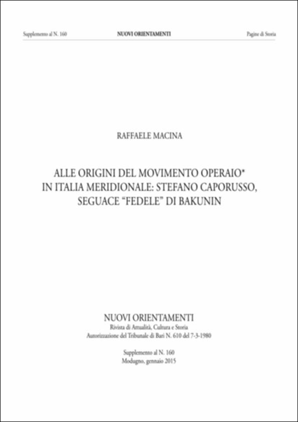Il volume è parte della produzione letteraria di Raffaele Macina, scrittore, storico e professore di Modugno, docente di Storia e Filosofia presso i licei di Terra di Bari. Poco nota è la vicenda di Stefano Caporusso, che diviene presidente della Sezione della Prima Internazionale di Napoli e, in quanto tale, partecipa, unico rappresentante italiano, al congresso di Basilea del 1869. Il saggio traccia il percorso formativo del Caporusso, che, aderendo inizialmente al mazzinianesimo, finisce per abbracciare le posizioni di Bakunin; si sofferma poi sul ruolo da lui svolto nel congresso di Basilea e sulla sua attività politico-sindacale a Napoli. Molte le testimonianze e i giudizi che ci restano sul Caporusso: da quelli di Mazzini a quelli di Marx, Engels, Cafiero e Bakuni...