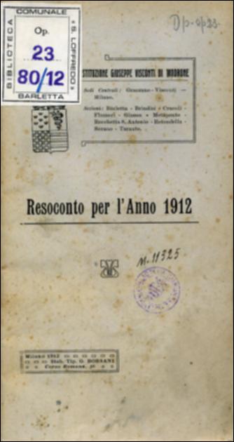 Il documento digitale riproduce l'opuscolo informativo realizzato come resoconto per l'anno 1910/1911 dai docenti dell'Istituto Giuseppe Visconti di Modrone, a seguito delle lezioni delle cattedre dislocate nel Meridione. Oltre alle materie classiche di studio, interessanti i contributi della Cattedra Ambulante contro la Malaria, lezioni che mirarono a sensibilizzare ed educare i giovani e tutta la popolazione che in quegli anni vivevano una condizione disagiata a causa della malaria, malattia particolarmente diffusa in alcune zone della Puglia. Il libretto è catalogato e conservato all'interno della Biblioteca comunale Sabino Loffredo di Barletta insieme ad altri opuscoli risalenti al primo decennio del Novecento.