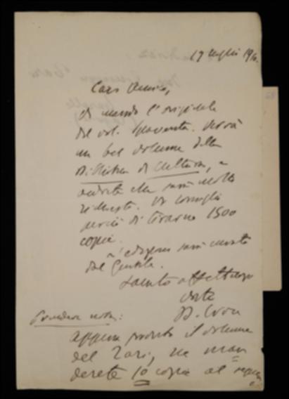 Nella lettera, Benedetto Croce invia a Giovanni Laterza il materiale per il volume di logica e metafisica di Bertrando Spaventa curato da Giovanni Gentile e lo prega di spedire dieci copie del volume di Antonio Tari, appena pronto, al figlio dell'autore.