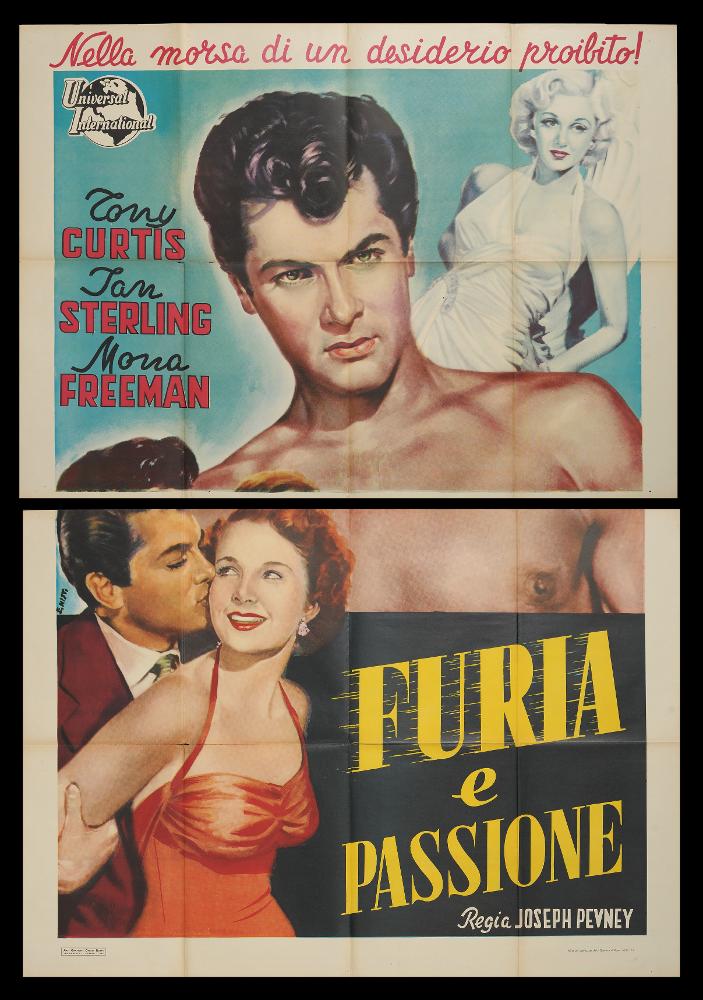 L'immagine riproduce uno dei manifesti conservati presso la Mediateca Regionale Pugliese (vedi Note). Si tratta del manifesto del film "Furia e passione", a firma di Enzo Nistri. Pittore romano che realizzò migliaia di manifesti per il cinema, Nistri si contraddistinse per un linguaggio maturo, uno stile semplice ed elegante che "si presta a raccontare ogni storia" (Baroni, 2018). Molti suoi lavori infatti si riconoscono per il tratto raffinato, ma al tempo stesso dalla forte intensità costruttiva data anche da un sapiente uso dei colori netti e spesso contrastanti, che aiutano a ben definire le figure e le scene descritte. Questa composizione si caratterizza per lo sguardo intenso di un giovane e bello Tony Curtis, in uno dei suoi primi ruoli da protagonista, per il re...