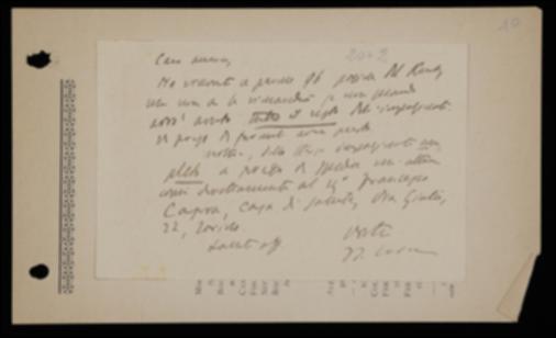 Nella cartolina Benedetto Croce comunica all'editore Laterza che gli restituirà la parte di bozze appena ricevute della "Critica della ragion pratica" di Immanuel Kant quando avrà presso di sé tutte le altre; lo prega inoltre di spedire una seconda copia delle bozze complete al curatore Francesco Capra. Infine chiede di ricevere la prima parte delle bozze del volume di Georges Sorel insieme a quelle della prefazione.
