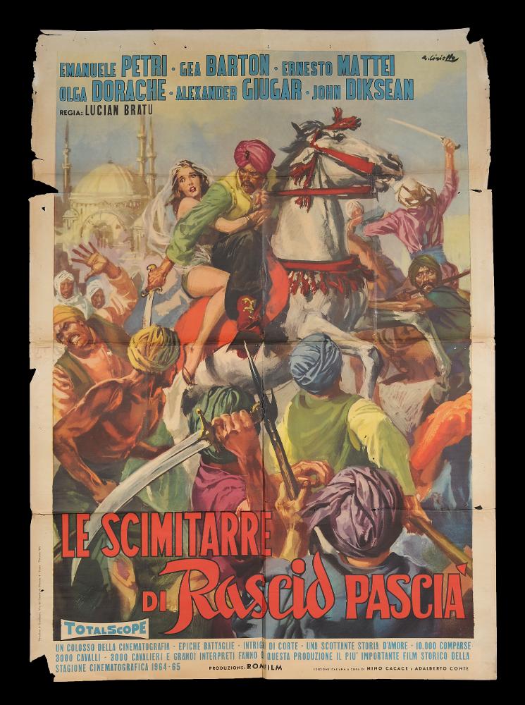 L'immagine riproduce uno dei manifesti conservati presso la Mediateca Regionale Pugliese (vedi Note). Ciriello firma il dipinto per il manifesto di "Le scimitarre di Rascid Pascià", film drammatico a tema storico del regista rumeno Lucian Bratu. Pittore dal linguaggio elaborato e dallo stile pittorico colto e maturo, sia nel ritratto che nelle scene narrative, Ciriello seppe caratterizzare le sue opere con l'uso di sfumature volumetriche, tocchi di colore morbidi "emotivi", che denotano una comunicazione visiva chiara e coinvolgente. Si ricorda come tra i più importanti disegnatori per manifesti del cinema italiano. Iniziò a lavorare come pubblicitario presso l’agenzia 'Non plus ultra' a Milano e poi presso la 'Ima', la più grande agenzia di pubblicità in Italia. Il suo...