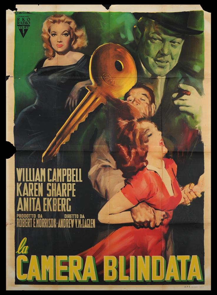 L'immagine riproduce uno dei manifesti conservati presso la Mediateca Regionale Pugliese (vedi Note). Si tratta di una delle versioni grafiche del manifesto del film americano "La camera blindata", a firma dell'illustratore bolognese Giorgio Olivetti, di cui si conserva anche l'altra versione per il manifesto 100x140. Classe 1908, Olivetti caratterizza le sue prime opere da uno stile morbido, sfumato, fatto di acquerelli delicati che rendono le forme e il volume anche grazie ad un uso sapiente dei chiaroscuri. Moderna e accattivante è la composizione realizzata per il manifesto in oggetto, in cui l'artista rappresenta più momenti narrativi e rappresentativi tratti dal film, accentuandone anche i momenti drammatici. Il forte realismo dei volti, la loro espressività, gli ...