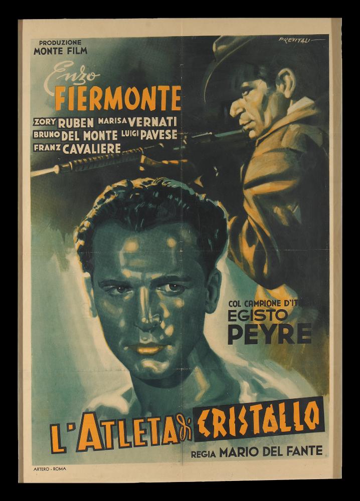 “L'atleta di cristallo” è un film del 1946, diretto da Enzo Fiermonte, che si firma con lo pseudonimo di Mario Del Fante. Nel cast ricordiamo Enzo Fiermonte, Marisa Vernati, Zory Ruben, Bruna Delmonte, Franz Cavaliere, il pugile campione d’Italia Egisto Peyre.
Il manifesto cinematografico è firmato dal celebre maestro Delfo Previtali. Di scuola romana, Previtali nel 1934 entrò in pubblicità diventando Direttore Artistico presso lo studio di grafica pubblicitaria di Alberto Calabresi e realizzando importanti campagne pubblicitarie. Dal 1948 sino agli inizi degli anni Sessanta fu insegnante di Grafica Pubblicitaria presso l'Istituto professionale Padre Reginaldo Giuliani. Previtali vinse diversi premi di grafica tra cui quelli dell'ENIT (da Collezione Salce). Di Previtali...