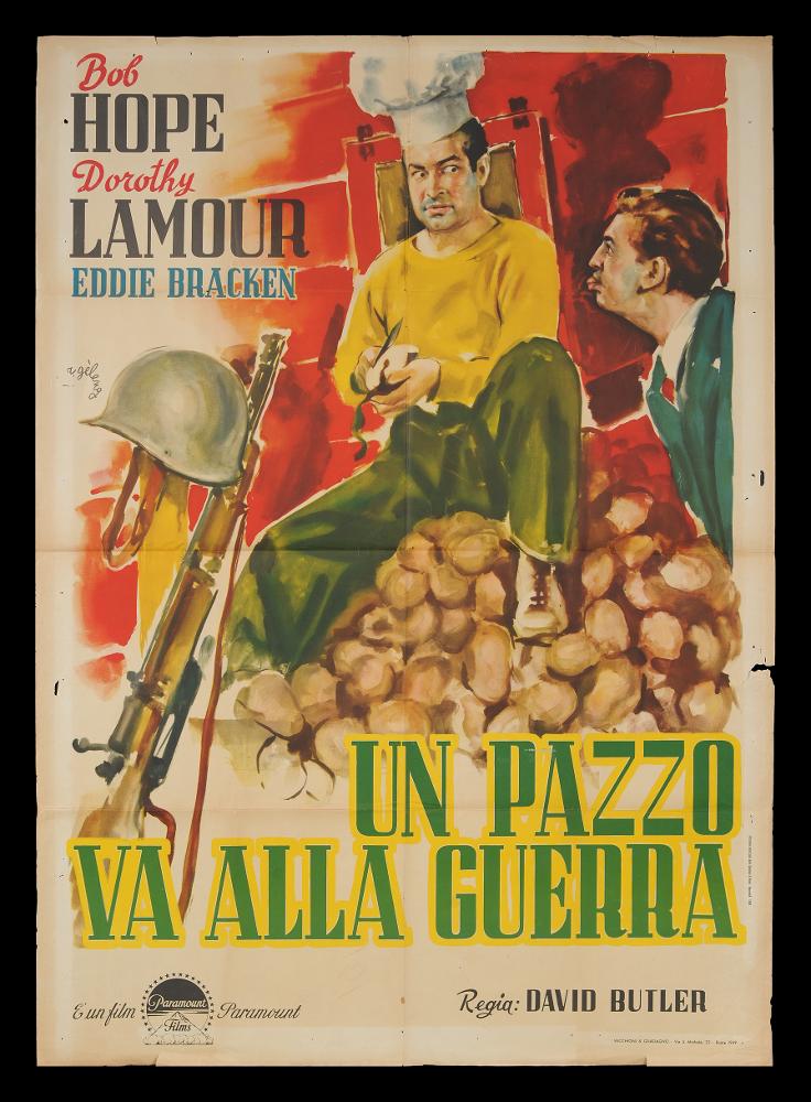 L'immagine riproduce uno dei manifesti conservati presso la Mediateca Regionale Pugliese (vedi Note). Si tratta di uno dei manifesti del film “Un pazzo va alla guerra” del 1941 per la regia di David Butler. La firma che leggiamo sul lato sinistro appartiene all’illustratore romano Rinaldo Gèleng. Classe 1920 fu artista poliedrico ed eclettico, dopo gli studi d'arte, visse e lavorò per molti anni a Parigi, poi a Milano dove realizzò una serie di copertine per Mondadori e infine a Roma, dove creò alcuni manifesti per i film di Fellini. Il suo stile fresco e pittorico è fatto di pennellate liquide e sfumate, con spunti grafici originali, composizioni personali, in cui rivela la sua dote di ritrattista come si può notare anche in questo suo lavoro. I volti dei due attori es...