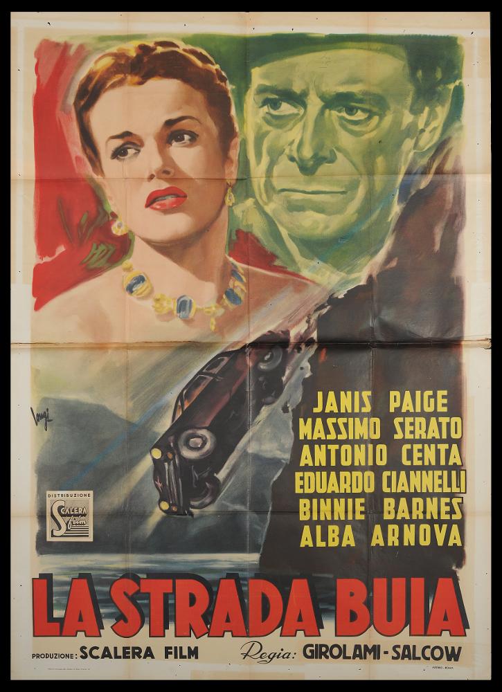 L'immagine riproduce uno dei manifesti conservati presso la Mediateca Regionale Pugliese (vedi Note). Si tratta del manifesto del film "La strada buia", a firma di Longi. Anche in questa composizione pittorica, l'artista mette in risalto la figura femminile, l'attrice Janis Paige, esaltandone compostezza, eleganza in un ritratto dai toni caldi, la cui bellezza maschera il ruolo drammatico che interpreta nel film. Dietro di lei, come una visione fredda, il ritratto dell'attore Eduardo Ciannelli, il marito e ricco industriale che muore in un incidente stradale, scena principale che completa magistralmente la composizione del manifesto. Il forte realismo dei volti è una caratteristica del pittore, che iniziò la carriera artistica come ritrattista per poi dedicarsi all'atti...