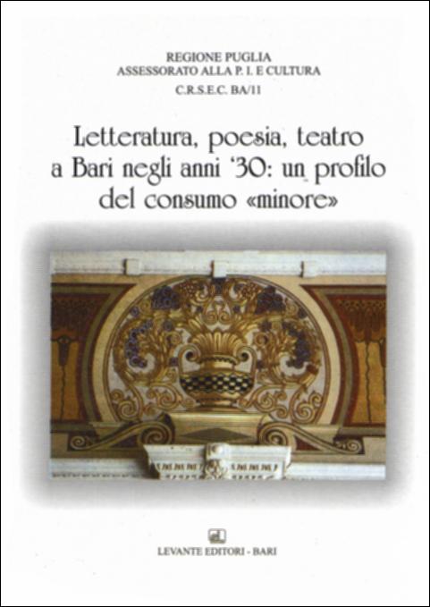 Il volume è parte della grande raccolta denominata “Libri di Puglia”, progetto di digitalizzazione a cura di Nicola Pergola che ha lo scopo di rendere fruibile la produzione editoriale dei Centri regionali di servizi educativi e culturali e degli Assessorati alla cultura e alla Pubblica Istruzione della Regione Puglia, dal 1968 agli anni 2000. Nell'ambito di una collana che vuol riaprire il dibattito sugli anni Trenta e Quaranta, la ricerca documenta la produzione letteraria barese tra il 1928 e il 1941, privilegiando l'analisi del consumo “minore”. Privilegiando cioè un taglio di lettura sociale di quei testi all'interno della mitologia culturale imposta dal fascismo, e spesso in opposizione ad essa. Un segmento del volume tratta di autori che si richiamano al clima cu...