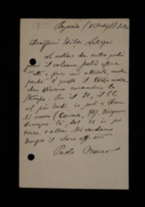 Nella cartolina, Paolo Orano si rallegra con l'editore della notizia che il volume è in chiusura. Annuncia il ritorno a Roma.
