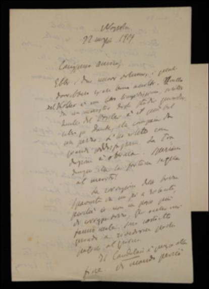 Nella lettera, Benedetto Croce esprime a Giovanni Laterza soddisfazione per i volumi appena editi di Joseph Kohler e Karl Vossler, gli comunica un ritardo nella correzione delle bozze del volume di Silvio Spaventa e di aver approntato la bozza di copertina de "Il Candelaio" di Giordano Bruno; aggiunge che per quest'ultimo volume preparerà anche l'annuncio pubblicitario e ne suggerisce la distribuzione contemporaneamente al suo volume di logica. Infine Croce sollecita Laterza a sbrigare il volume di David Hume, lo informa che Emilio Cecchi ha ripreso a lavorare al volume di Gottfried W. Leibniz e che Giuseppe Lombardo Radice ha lasciato la traduzione del volume di Immanuel Kant a Giovanni Gentile.
