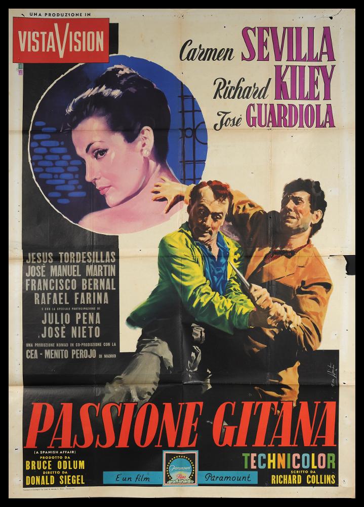 L'immagine riproduce uno dei manifesti conservati presso la Mediateca Regionale Pugliese (vedi Note). Si tratta di uno dei manifesti del film “Passione gitana” del 1958 per la regia di Don Siegel. La composizione grafica è a firma dell’artista Lorenzo Nistri (Enzo Nistri). Pittore romano che firmò migliaia di manifesti per il cinema, Nistri si contraddistinse per un linguaggio maturo, uno stile semplice ed elegante che «si presta a raccontare ogni storia» (Baroni, 2018). Molti suoi lavori infatti si riconoscono per il tratto raffinato, ma al tempo stesso dalla forte intensità costruttiva data anche da un sapiente uso dei colori netti e spesso contrastanti, che aiutano a ben definire le figure e le scene descritte. In questo manifesto viene ben descritto il duello fra i ...
