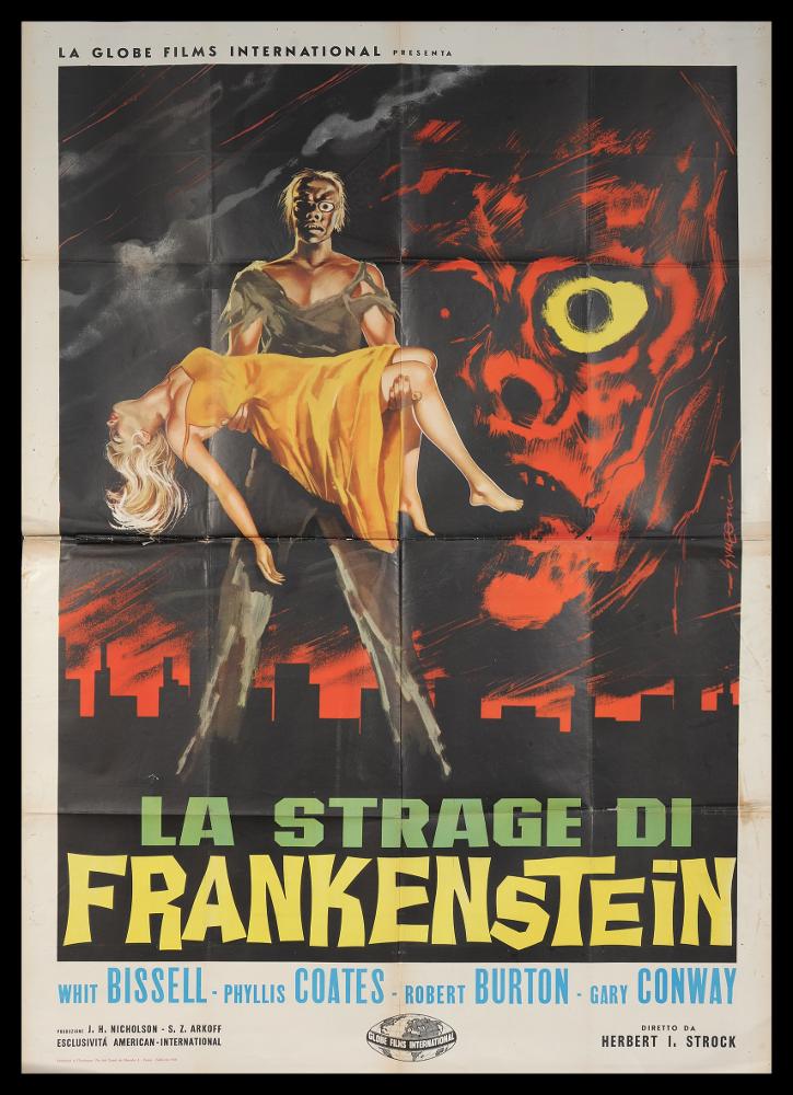 L'immagine riproduce uno dei manifesti conservati presso la Mediateca Regionale Pugliese (vedi Note). Si tratta del manifesto del film "La strage di Frankenstein", a firma di Sandro Symeoni (Symeoni). Noto per essere uno dei pittori di cinema più prolifici, si distinse per una grande pittoricità, un gusto originale basato sulla bellezza formale, soprattutto femminile, e più tardi per composizioni moderne basate su ritmi spezzati e drammatici. Anche per un'opera realizzata per un film su Frankenstain, Symeoni riesce a costruire una composizione elegante ed ordinata, dove la bella figura femminile spezza la drammaticità e l'orrore dati dal deturpato viso di Frankenstein, duplicato nello sfondo rosso a linee graffiate. Bello e contemporaneo lo skyline dietro alle due figur...