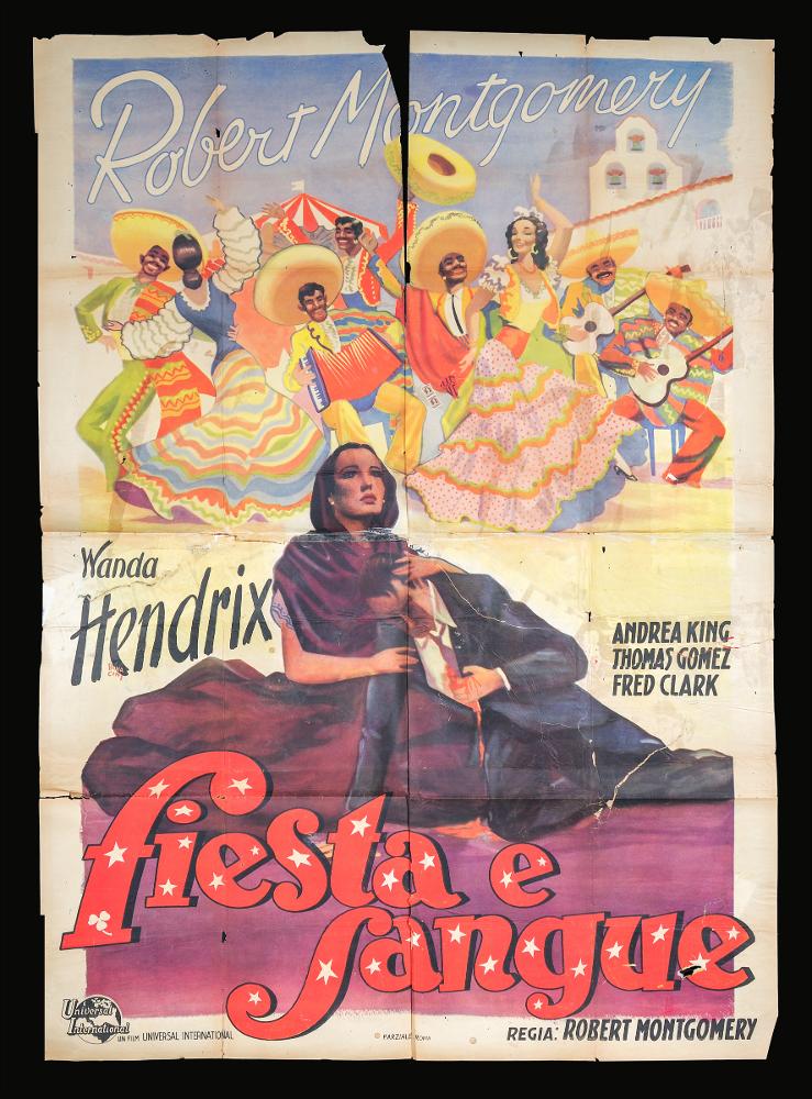 “Fiesta e sangue” (titolo originale “Ride the Pink Horse”) è un film del 1947 diretto e interpretato da Robert Montgomery, su sceneggiatura di Ben Hecht, Charles Lederer e Dorothy B. Hughes ed ispirato al romanzo omonimo di Dorothy Hughes.
Tra gli interpreti principali ricordiamo Robert Montgomery, Thomas Gomez, Wanda Hendrix, Andrea King, Fred Clark.
Il manifesto cinematografico è firmato dal celebre artista Luciano Bonacini. Nato a Verona nel 1908, Bonacini fu illustratore, disegnatore, pubblicitario, pittore. All’inizio della sua carriera fu particolarmente attirato dai futuristi e dallo stile di Leonetto Cappiello, di cui si coglie l’efficace lezione grafica anche nei calendari realizzati per Barilla nel 1934 e 1935, stampati dalla Tipografia Gros Monti di Torino. F...
