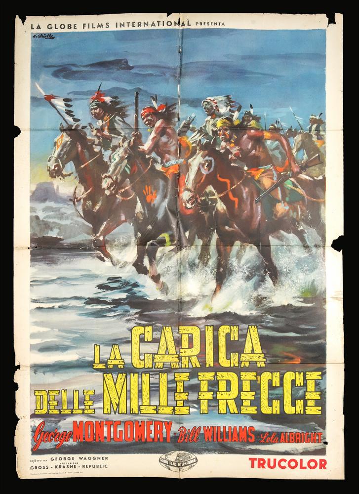 L'immagine riproduce uno dei manifesti conservati presso la Mediateca Regionale Pugliese (vedi Note). Si tratta della versione grafica per il manifesto del film western "La carica delle mille frecce", a firma di Averardo Ciriello. Pittore dal linguaggio elaborato e dallo stile pittorico colto e maturo, sia nel ritratto che nelle scene narrative, Ciriello seppe caratterizzare le sue opere con l'uso di sfumature volumetriche, tocchi di colore morbidi "emotivi", che denotano una comunicazione visiva chiara e coinvolgente. Si ricorda come tra i più importanti disegnatori per manifesti del cinema italiano. Iniziò a lavorare come pubblicitario presso l’agenzia 'Non plus ultra' a Milano e poi presso la 'Ima', la più grande agenzia di pubblicità in Italia. Il suo talento come d...