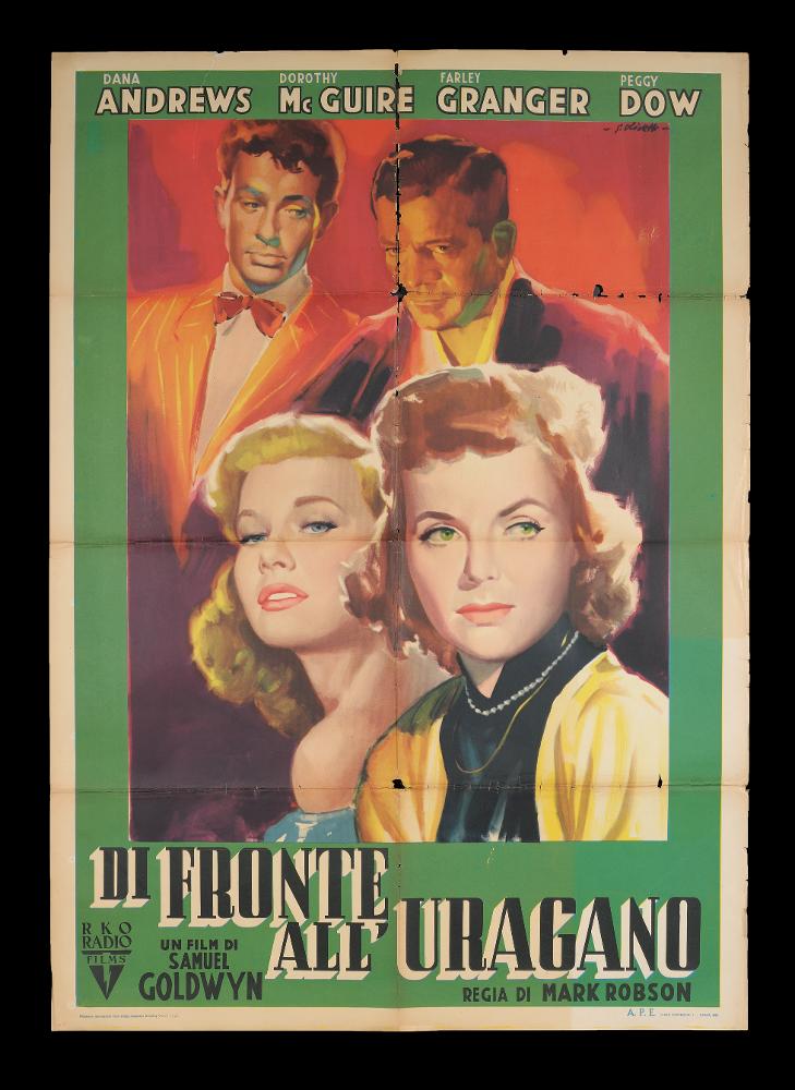 L'immagine riproduce uno dei manifesti conservati presso la Mediateca Regionale Pugliese (vedi Note). Si tratta di una delle versioni grafiche del manifesto del film "Di fronte all'uragano" del 1951, a firma dell'illustratore bolognese Giorgio Olivetti. Classe 1908, Olivetti caratterizza le sue prime opere da uno stile morbido, sfumato, fatto di acquerelli delicati che rendono il volume anche grazie ad un uso sapiente dei chiaroscuri. Facendosi interprete della tendenza di un'epoca, gli anni '50, il suo stile pittorico e la composizione vivace dai colori brillanti esalta la figura della donna, nella sua bellezza da "pin-up". La composizione studiata per questo film rispecchia i canoni di eleganza e leggerezza tipici delle sue opere, bellissimi e intensi i ritratti dei q...