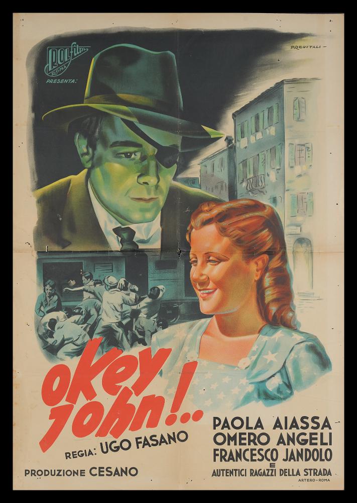 L'immagine riproduce uno dei manifesti conservati presso la Mediateca Regionale Pugliese (vedi Note). Si tratta della versione grafica per il manifesto del film "Okey John!", a firma di Previtali. Di scuola romana, Delfo Previtali studiò arte presso l'Accademia San Luca di Roma e il R. Museo Artistico. Nel 1934, entrò in pubblicità fino a diventare Direttore Artistico presso lo studio di grafica pubblicitaria di Alberto Calabresi, realizzando importanti campagne pubblicitarie. Dal 1948 sino agli inizi degli anni Sessanta fu insegnate di Grafica Pubblicitaria presso l'Istituto professionale Padre Reginaldo Giuliani. Previtali vinse diversi premi di grafica tra cui quelli dell'ENIT (da Collezione Salce). Di Previtali si ricordano anche molti manifesti cinematografici, nei...