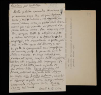 Nella cartolina, Benedetto Croce invia a Giovanni Laterza il testo per la réclame de "Il Candelaio" di Giordano Bruno.