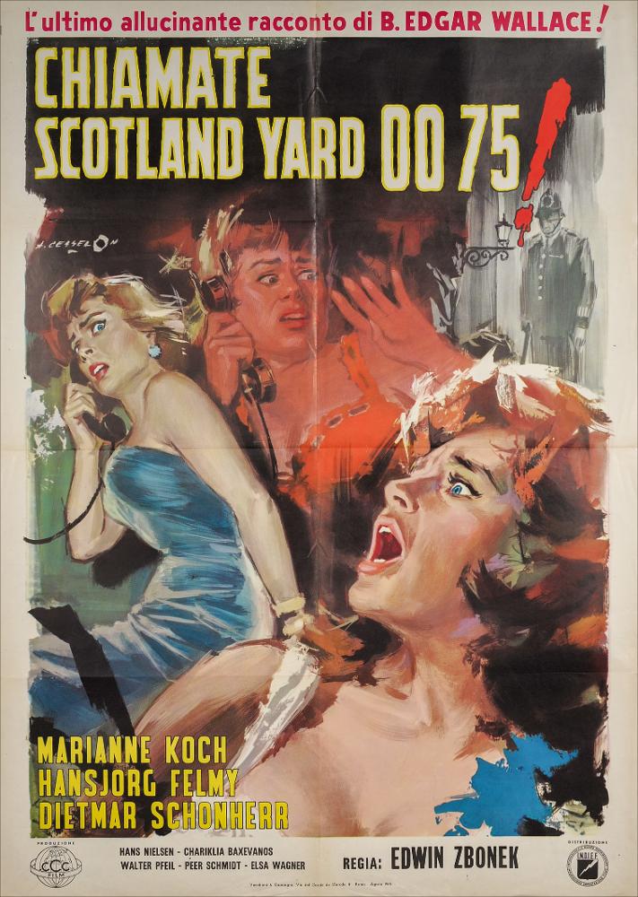 L'immagine riproduce uno dei manifesti conservati presso la Mediateca Regionale Pugliese (vedi Note). Si tratta di una delle versioni grafiche del manifesto del film giallo “Chiamate Scotland Yard 0075!” del 1964 per la regia di Edwin Zbonek. La composizione grafica è a firma del pittore veneziano Angelo Cesselon, sicuramente tra i pittori di cinema più originali del Novecento, riconoscibile per uno stile basato sull'innovazione nella narrazione e nell'uso dei colori. Anche per questo manifesto notiamo un uso dello sfumato e di pennellate brevi e decise, con la predilezione per l'orientamento diagonale delle figure, qui tutte femminili. Colpisce il realismo nella rappresentazione dei volti delle donne colte con l'espressione di paura e sgomento. Solo sullo sfondo, in bi...
