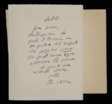 Nella lettera Benedetto Croce comunica soddisfatto a Giovanni Laterza che per l'anno in corso può dirsi assicurata la pubblicazione di ben dodici volumi.