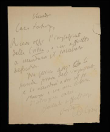 Nella lettera, Benedetto Croce comunica a Laterza che ha ricevuto l'impaginato de "La Critica" e che ne spedirà subito il sommario; a breve gli invierà la seconda prova dell'impaginato per la stampa.