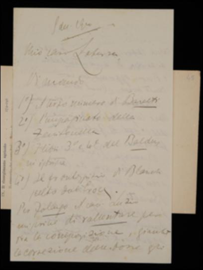 Nella lettera, inviando parte del manoscritto di Giuseppe Baretti, bozze del volume di Teofilo Folengo e il frontespizio scelto da Benedetto Croce per il volume di Luigi Blanch, Fausto Nicolini propone a Giovanni Laterza, a nome del curatore Alessandro Luzio, di rallentare la stampa del volume di Folengo, posticipandone la pubblicazione a febbraio; viceversa gli propone di accelerare la composizione del volume di Baretti, giacché il curatore Luigi Piccioni si dice pronto a lavorare alacremente. Il Nicolini si scusa poi per l'equivoco nella spedizione dell'indice del volume di Carlo Gozzi, se Giuseppe Prezzolini gli avesse fatto rivedere il manoscritto si sarebbero evitate molte correzioni. Infine l'editore barese viene esortato a sbrigare l'indice de “La Critica”.