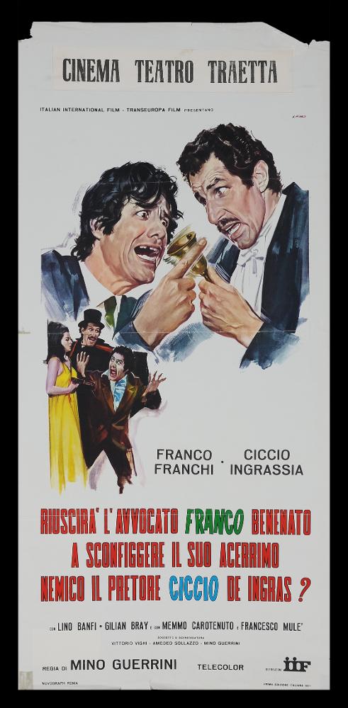 L'immagine riproduce uno dei manifesti conservati presso la Mediateca Regionale Pugliese (vedi Note). Si tratta di una delle versioni grafiche della locandina del film “Riuscirà l'avvocato Franco Benenato a sconfiggere il suo acerrimo nemico il pretore Ciccio De Ingras?” a firma di Renato Casaro, tra i maggiori rappresentanti della grafica e del manifesto del secondo dopoguerra, che utilizzava ai suoi esordi la firma "C. Renè", prima della ben più nota R. Casaro. Per le sue opere si ispirò ai più affermati artisti ed illustratori di cinema, come Angelo Cesselon, il primo pittore ad utilizzare, per i manifesti cinematografici, un nuovo linguaggio che dà maggiore importanza ad una grande scena, ad un ritratto per raccontare una storia. Casaro è noto per essere stato un au...