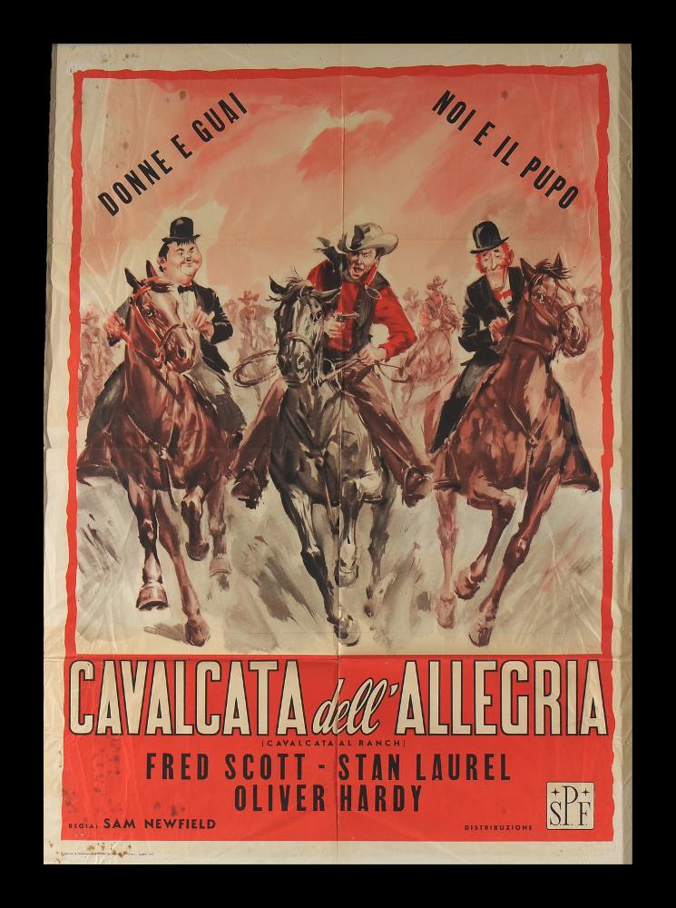 “Cavalcata dell’allegria” (The Golden Age of Comedy) è un'antologia comica del 1957 diretta dal regista Richard Cramer (pseudonimo Sam Newfield) del 1957, prodotto da Robert Youngson, con Fred Scott, Stan Laurel e Oliver Hardy.
Il manifesto cinematografico presenta una composizione incentrata sulla cavalcata di Stanlio e Ollio. Pennellate fugaci e colori caldi sono utilizzati per raffigurare i protagonisti della scena con tratti caricaturali esaltandone la comicità.
Il manifesto originale è conservato nell’Archivio della Mediateca Regionale Pugliese....