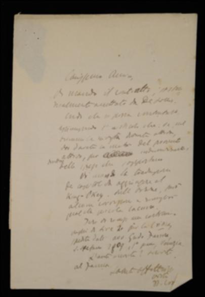 Nella lettera Benedetto Croce avvisa Giovanni Laterza di avergli spedito la traduzione della parte da aggiungere al volume di Bolton King e Thomas Okey, pregandolo di inviargli le bozze e di avergli rimesso una cartolina vaglia per "La Critica" di un abbonato di Venezia. Il filosofo inoltre invita l'editore barese ad accettare il testo della convenzione per “La Cultura” come modificato da Cesare De Lollis, del quale gli comunica l'invio. In proposito va rilevato che un testo della convenzione con un'annotazione del De Lollis per il Croce e una del Croce per il De Lollis è allegato ad altra missiva di Croce a Laterza datata dicembre 1909.