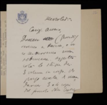 Nell'imminenza del viaggio per Raiano, Benedetto Croce, facendo seguito ad una missiva di Giovanni Laterza, lo prega di spedirgli in Abruzzo le strisce di prova dei primi tre volumi degli scrittori d'Italia e alcune copie del fascicolo in uscita de “La Critica”; chiede poi se Riccardo Zagaria abbia cominciato la sua opera di revisione letteraria e tecnica della nuova collana.