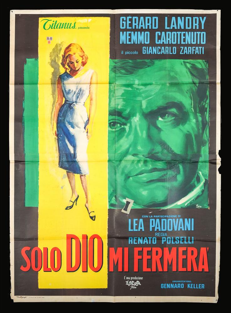 L'immagine riproduce uno dei manifesti conservati presso la Mediateca Regionale Pugliese (vedi Note). Si tratta del manifesto del film "Solo Dio mi fermerà", la cui illustrazione è a firma di Maro, nome d'arte di Mauro Otello Innocenti. Ligure di origine, Maro si trasferisce a Roma per intraprendere la carriera di pittore di cinema come molti, tra cui il collega Silvano Campeggi (Nano), conosciuto a Firenze. Negli anni '60 realizza opere grafiche per celebri film italiani come La ciociara, Rocco e i suoi fratelli, Il sorpasso, Estate violenta. Tocchi di colore veloci e dinamici contraddistinguono i suoi lavori, ma ancor di più il senso grafico, il lettering (che spesso realizza personalmente) che diventano parte integrante dei manifesti. Anche questa composizione rispec...
