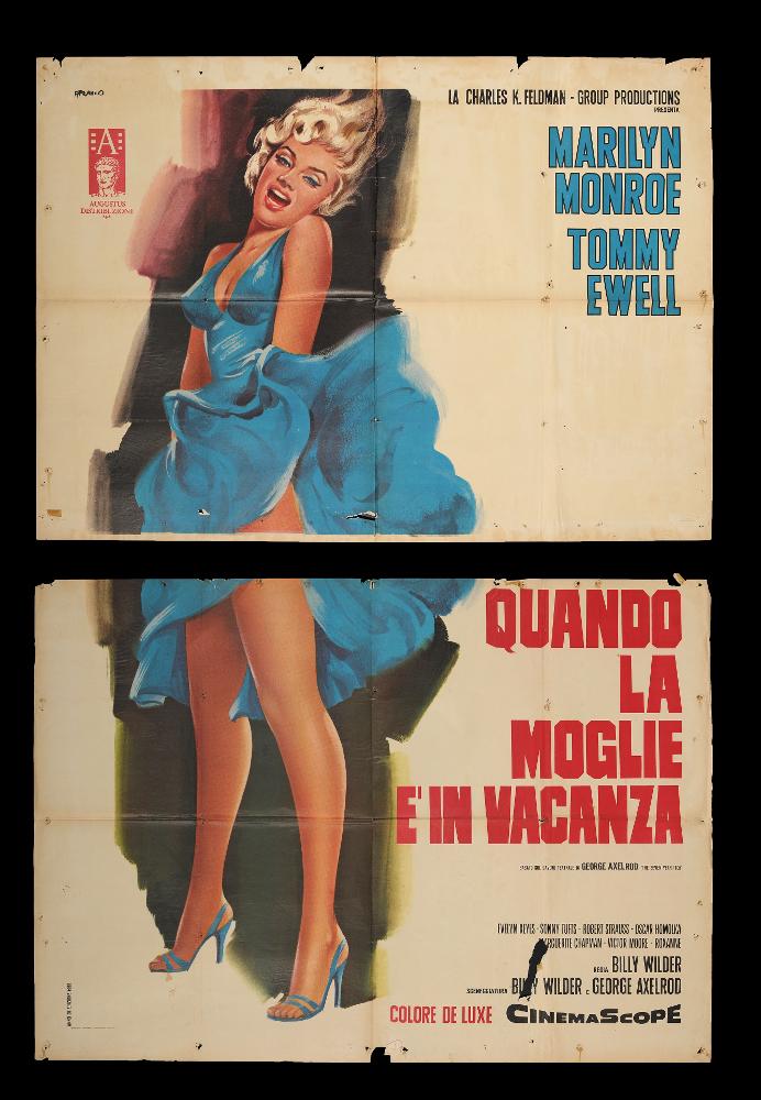 L'immagine riproduce uno dei manifesti conservati presso la Mediateca Regionale Pugliese (vedi Note). Si tratta di una delle versioni grafiche del manifesto del film "Quando la moglie è in vacanza", una delle commedie americane più note e di successo degli anni '50, tratta dall'opera teatrale The Seven Year Itch di George Axelrod. L'artista Franco P. firma questa composizione, dall'impianto figurativo piuttosto classico, contraddistinta da una pittura uniforme e vellutata che risalta la figura di Marilyn Monroe e la sua bellezza. L'attrice, che contribuì alla fortuna del film, è infatti assoluta protagonista dello spazio, completamente bianco, ad eccezione del titolo e dei nomi degli attori; Franco usa l'espediente di pennellate scure come sfondo per esaltare ancora di ...