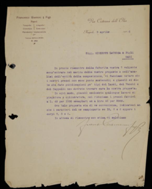 Nella lettera il tipografo Giannini contesta l'opinione manifestata da Laterza che i loro prezzi siano troppo sostenuti e presenta un nuovo preventivo ribassato in relazione alla riduzione delle attività chieste dall'editore pugliese. Inoltre, sollecita l'invio di una nuova missiva con l'indicazione dei caratteri scelti.
