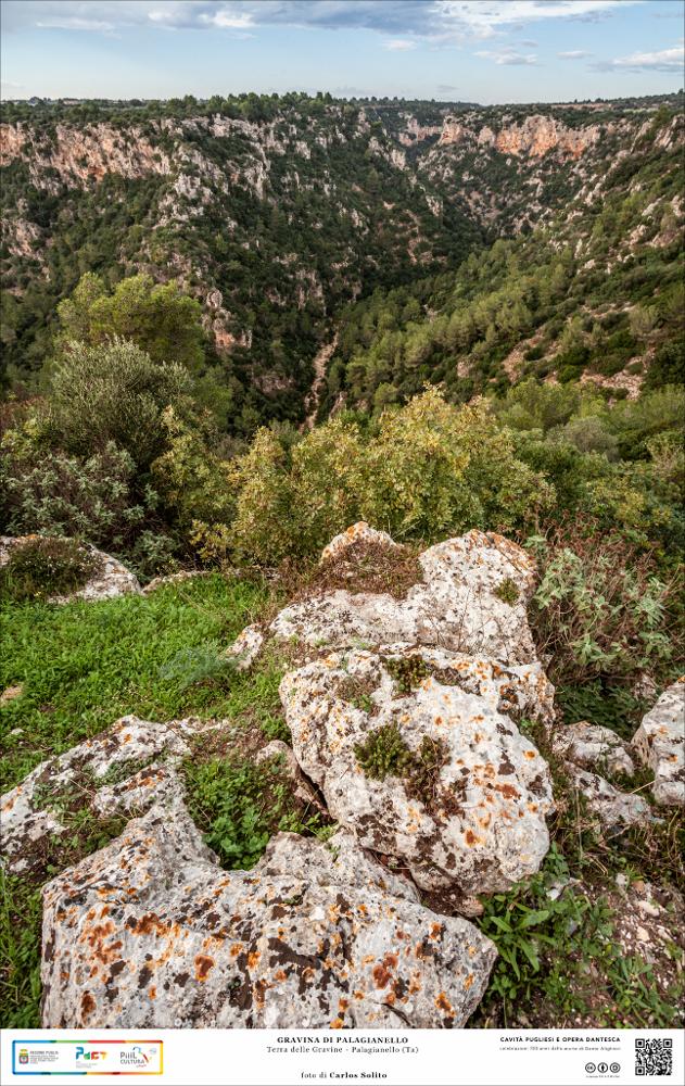 La vegetazione della Gravina di Palagianello riveste i versanti calcarei con varie sfumature di verde della macchia mediterranea e dei pini di Aleppo, ma ciò non nasconde la natura rude di questo solco nella roccia, che è stato luogo di difesa e cava per i materiali che hanno garantito la formazione di insediamenti.
L’immagine digitale fa parte della raccolta di fotografie prodotte da Carlos Solito per il Progetto digitale “Sillabario sotterraneo – Viaggio dantesco nelle Grotte di Puglia” – realizzato nell’ambito della LEGGE REGIONALE 30 dicembre 2020 - art. 39 “Cavità pugliesi e opera dantesca - Celebrazioni 700 anni dalla morte di Dante Alighieri”.