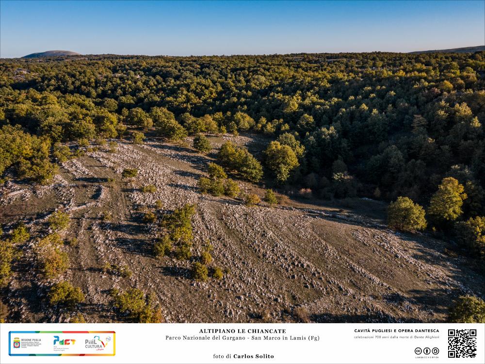 In contrada Le Chiancate a San Marco in Lamis (FG), si apprezza uno tra gli altipiani carsici
più iconici del Parco Nazionale del Gargano. Sono qui evidenti i fenomeni di carsismo superficiale dove una serie di affioramenti rocciosi costellano la arida terra accanto alle numerose doline e ai lembi sparsi di radi boschetti di cerro e roverella.
L’immagine digitale fa parte della raccolta di fotografie prodotte da Carlos Solito per il Progetto digitale “Sillabario sotterraneo – Viaggio dantesco nelle Grotte di Puglia” – realizzato nell’ambito della LEGGE REGIONALE 30 dicembre 2020, n. 35 - art. 39 “Cavità pugliesi e opera dantesca - Celebrazioni 700 anni dalla morte di Dante Alighieri”.