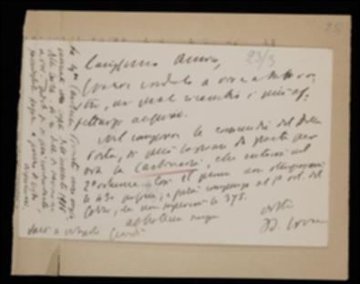 Nella cartolina, Benedetto Croce fornisce all'editore Giovanni Laterza alcune indicazioni sulla composizione dei volumi di Giovanni B. Della Porta e di Carlo Gozzi e lo prega di spedire l'annata 1906 de “La Critica” a Carolina Pironti. Gli annuncia poi il suo prossimo ritorno a Napoli.